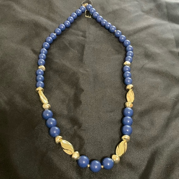 Blue and gold beaded Lucite necklace 26” - Picture 1 of 6